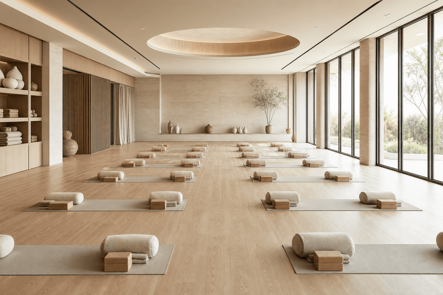 Empty studio with mats prepared for training