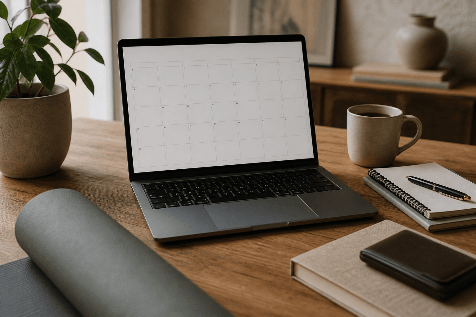 Laptop and planner beside a mat — teaching as a business