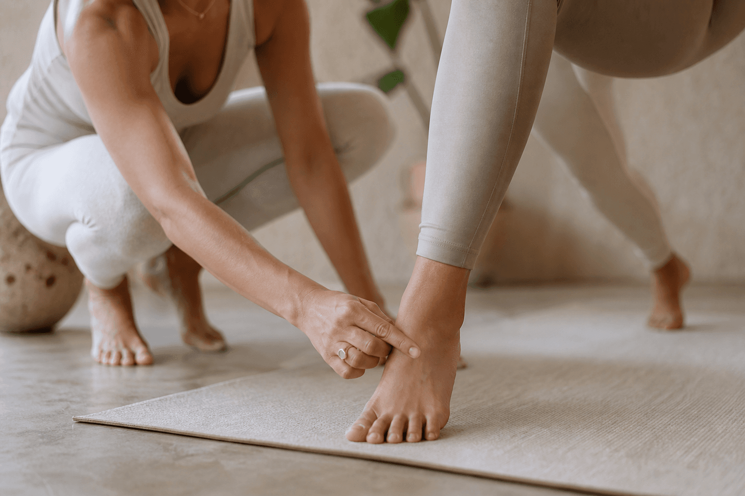 Close detail of hands and feet in precise mat work